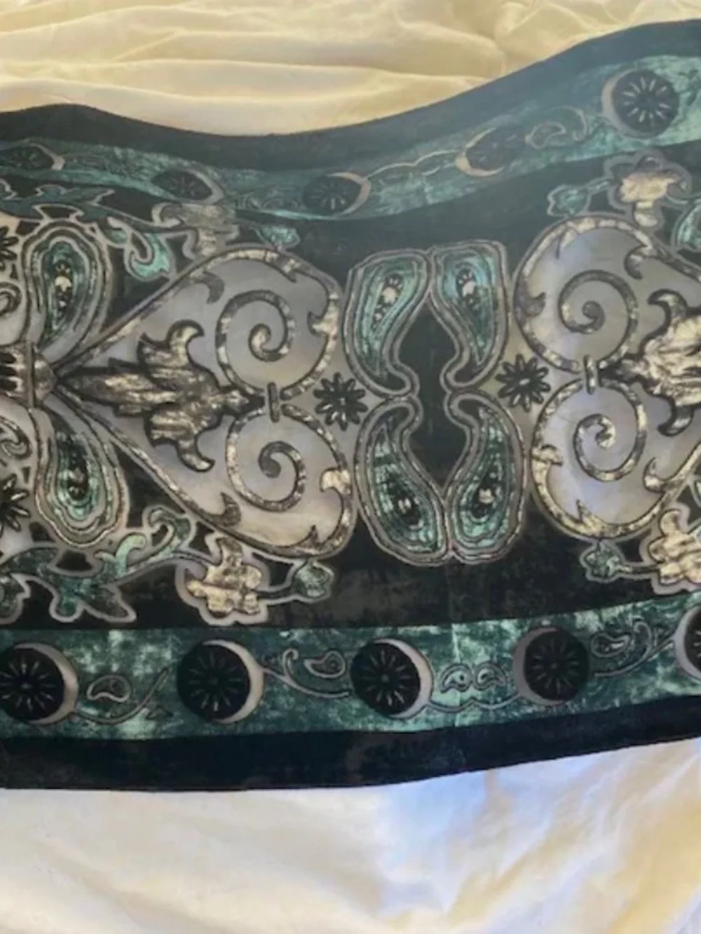 Beautiful Art Deco Velvet Scarf, Teal, Black, Semi Sheer, Burn out, Fringed